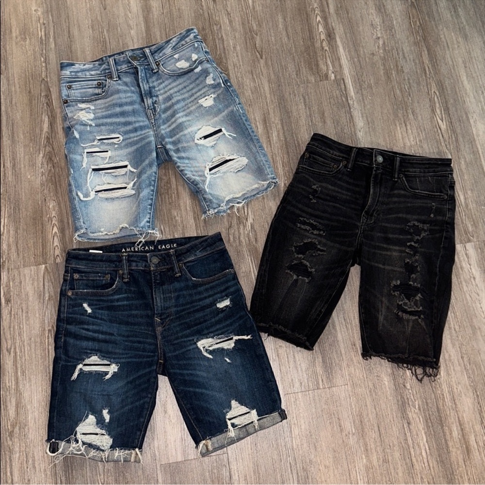 American Eagle Outfitters Men's Distressed Denim Shorts - Blue and Black
